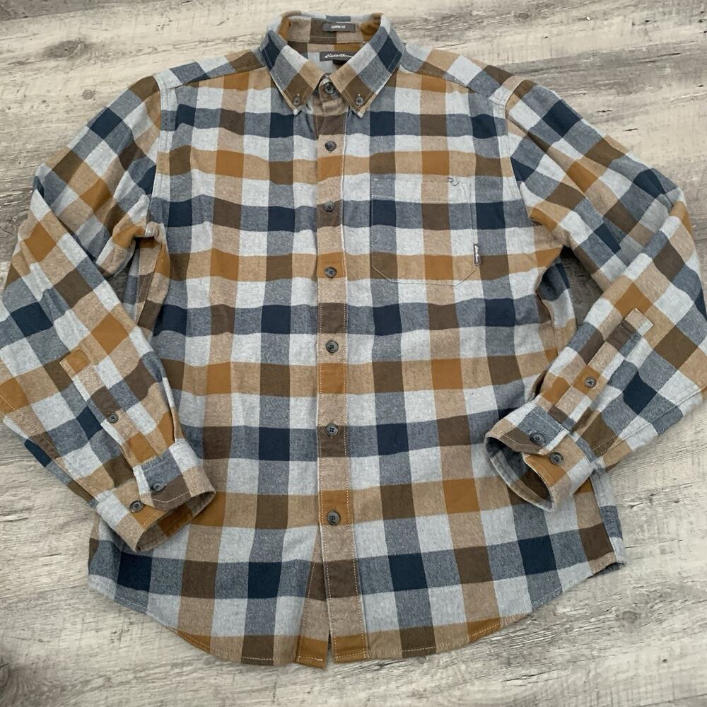 Eddie Bauer Flannel Shirt Mens Sz Medium Blue Buffalo Plaid Check Classic Fit